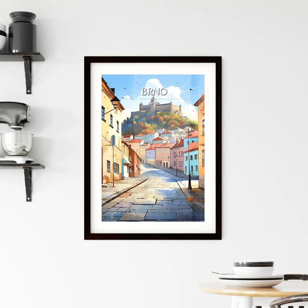 Brno, Czechia - Art print of a street with buildings and a castle on the hill Custom Print