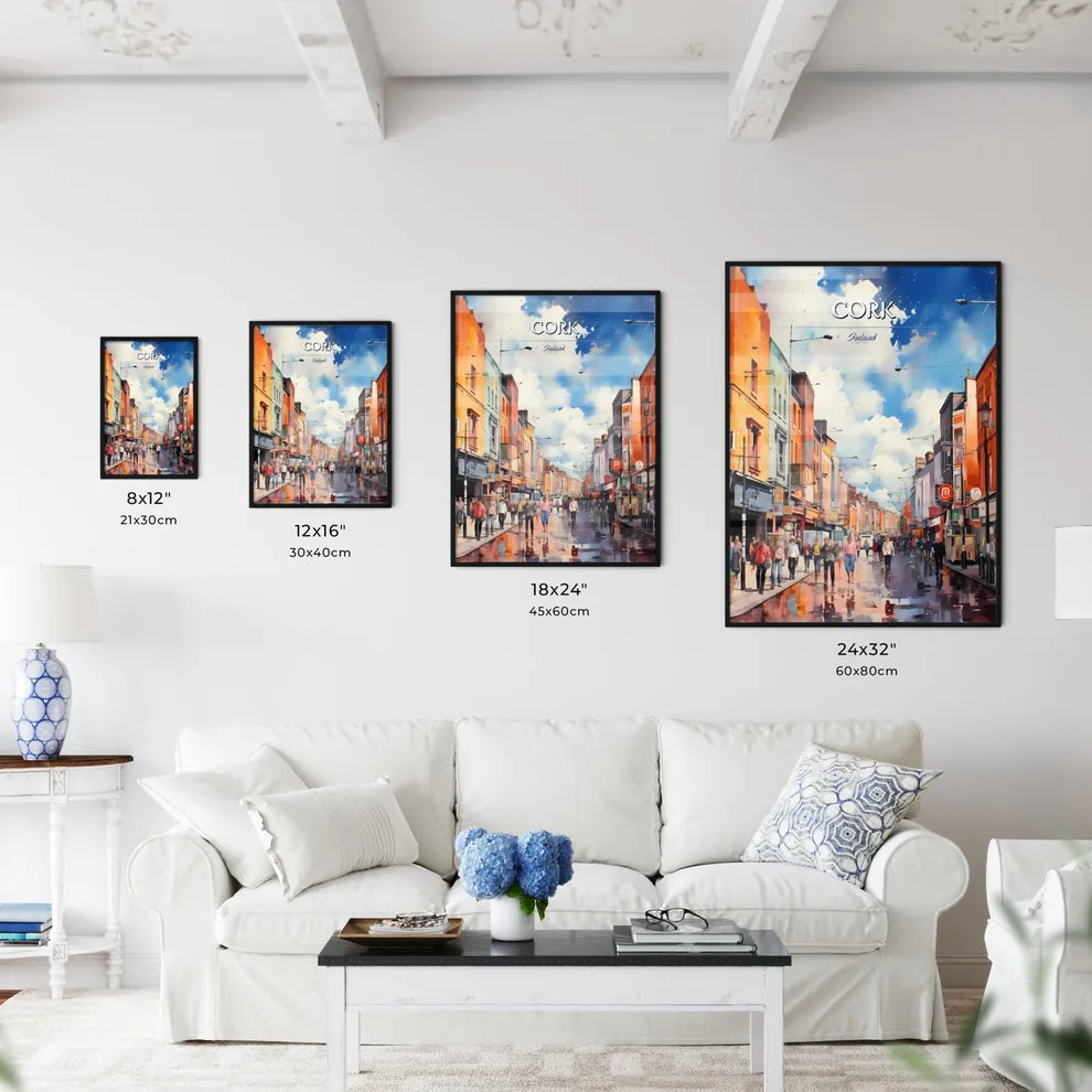 Cork, Ireland - Art print of a group of people walking on a street Size Chart