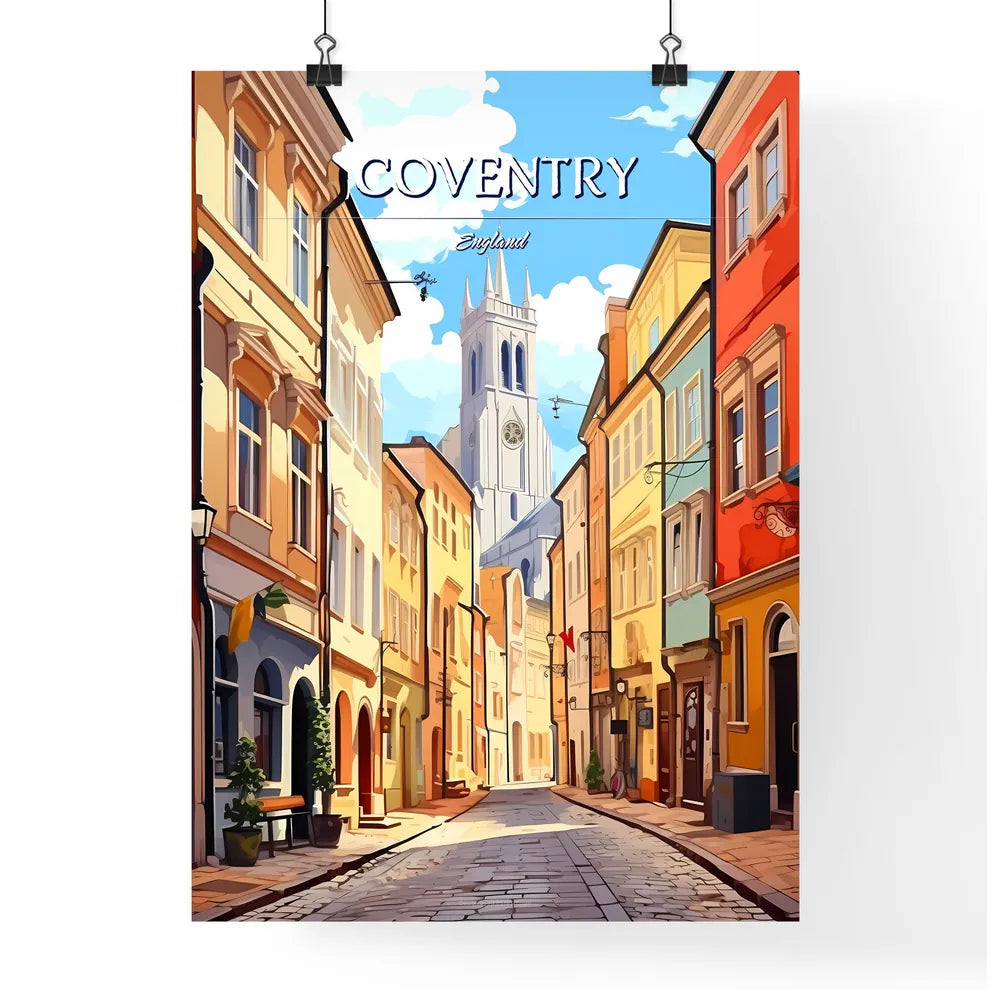 Coventry, England - Art print of a street with buildings and a tower in the background Poster