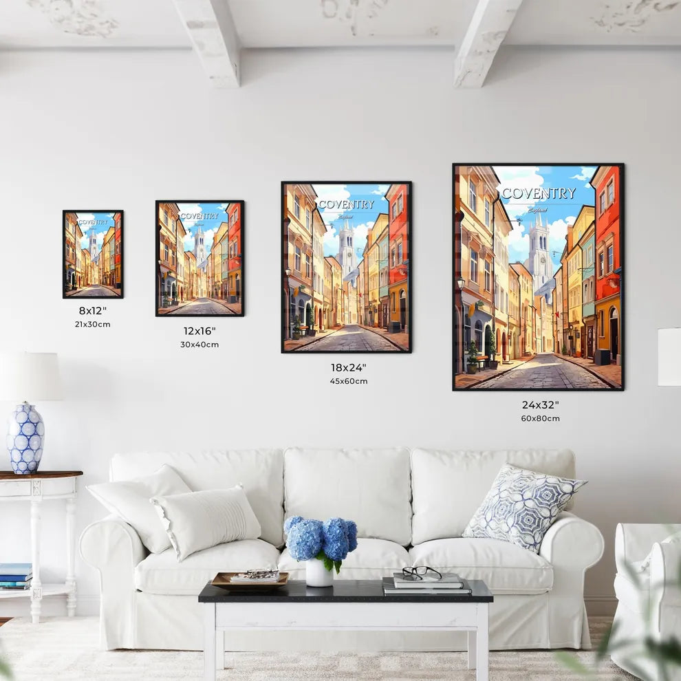 Coventry, England - Art print of a street with buildings and a tower in the background Size Chart