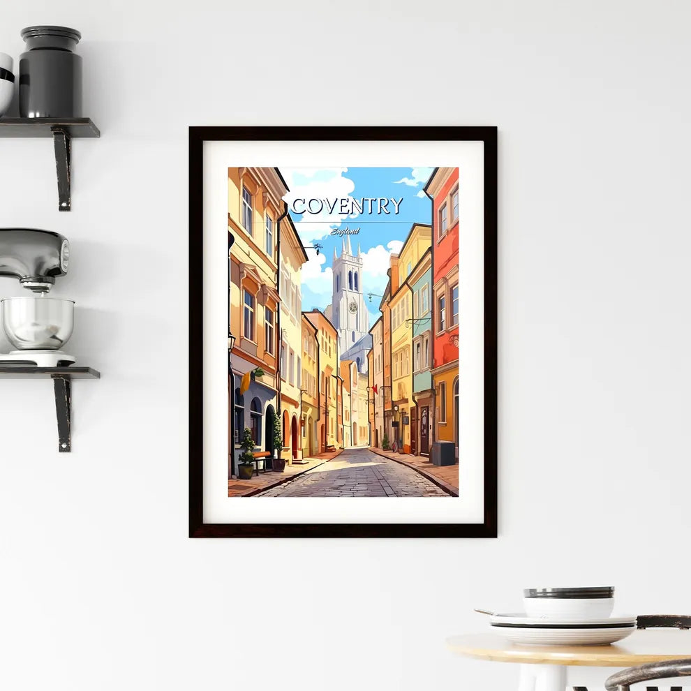 Coventry, England - Art print of a street with buildings and a tower in the background Custom Print