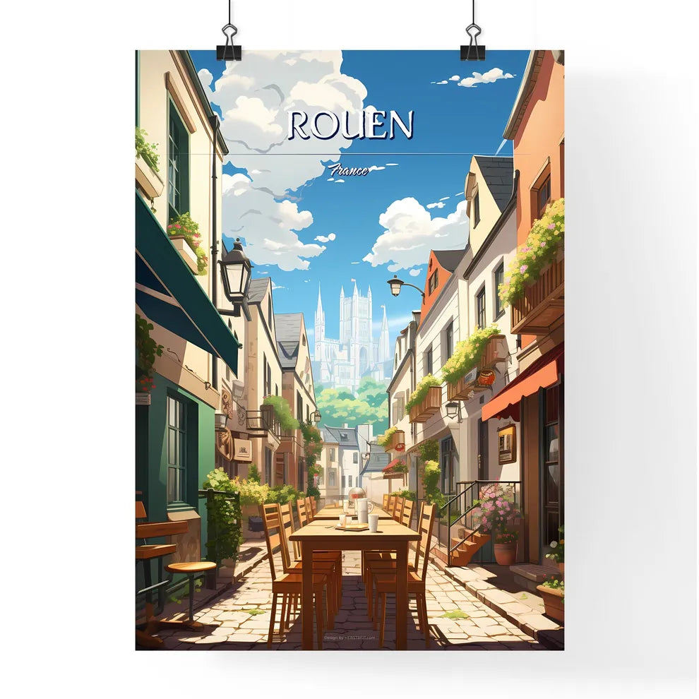 Rouen, France - Art print of a street with tables and chairs in a city Poster