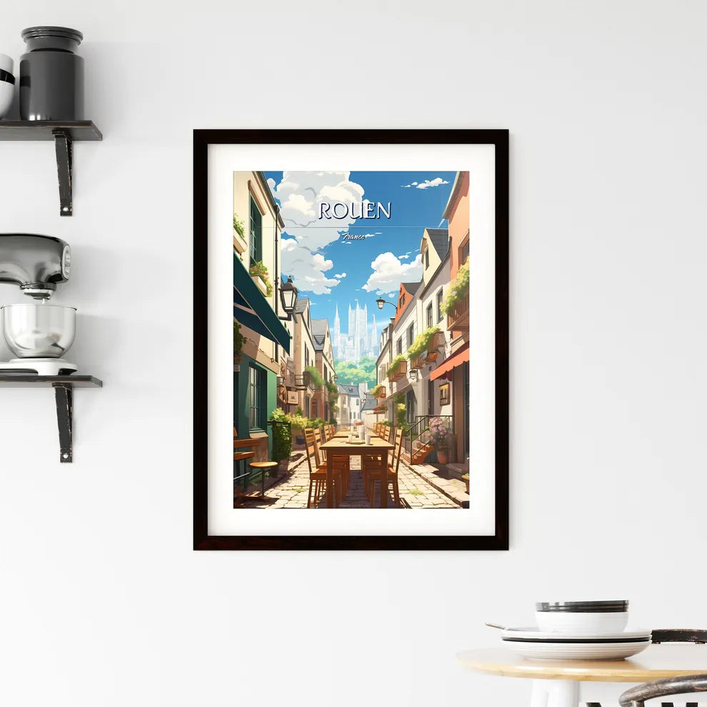 Rouen, France - Art print of a street with tables and chairs in a city Custom Print