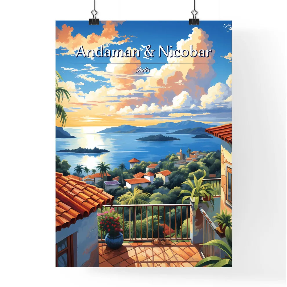 On the roofs of The Andaman & Nicobar Islands, India - Art print of a view of a town from a balcony overlooking a body of water Poster