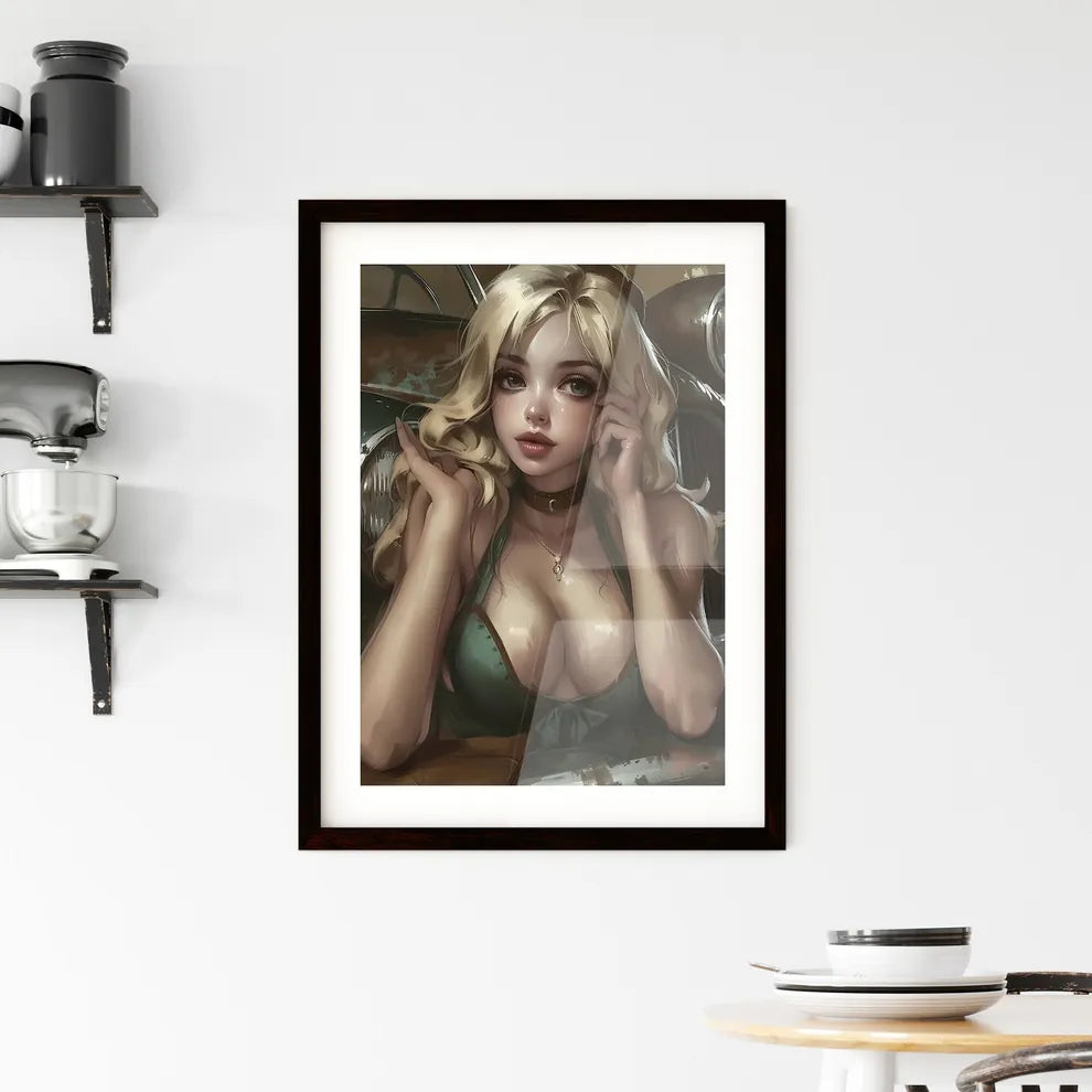 The vintage pin up girl leaning on a car - A Framed Print