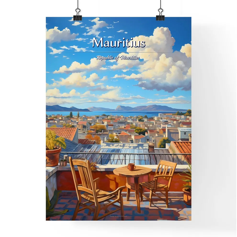 On the roofs of Mauritius, Republic of Mauritius - Art print of a table and chairs on a rooftop overlooking a city Poster