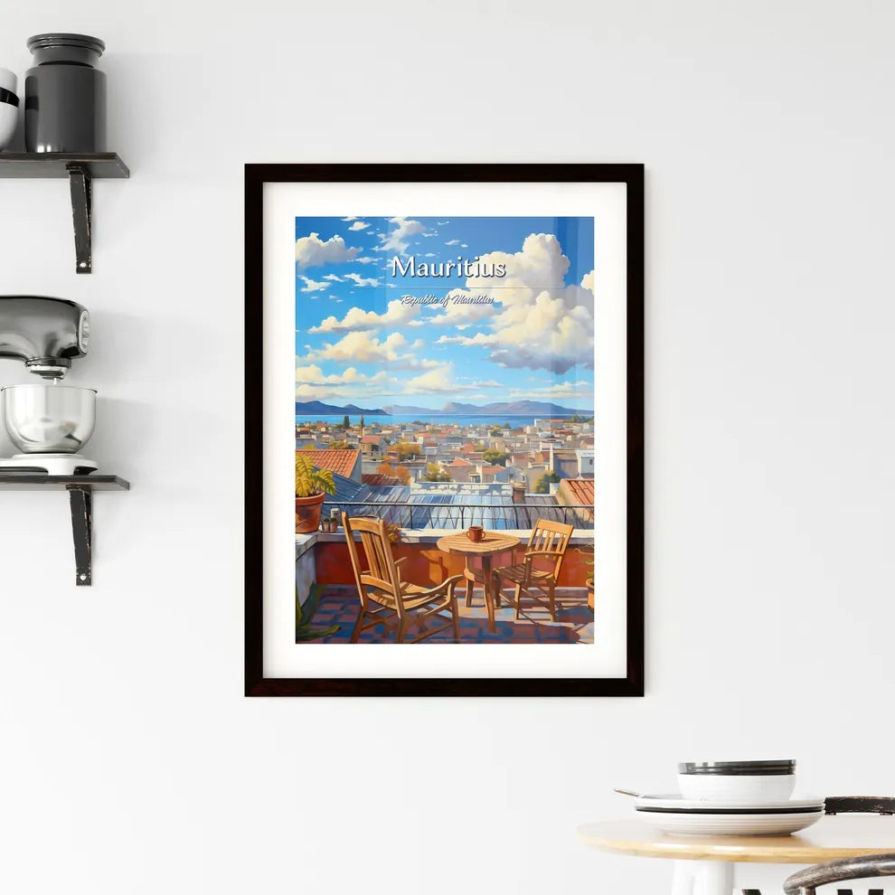 On the roofs of Mauritius, Republic of Mauritius - Art print of a table and chairs on a rooftop overlooking a city Custom Print