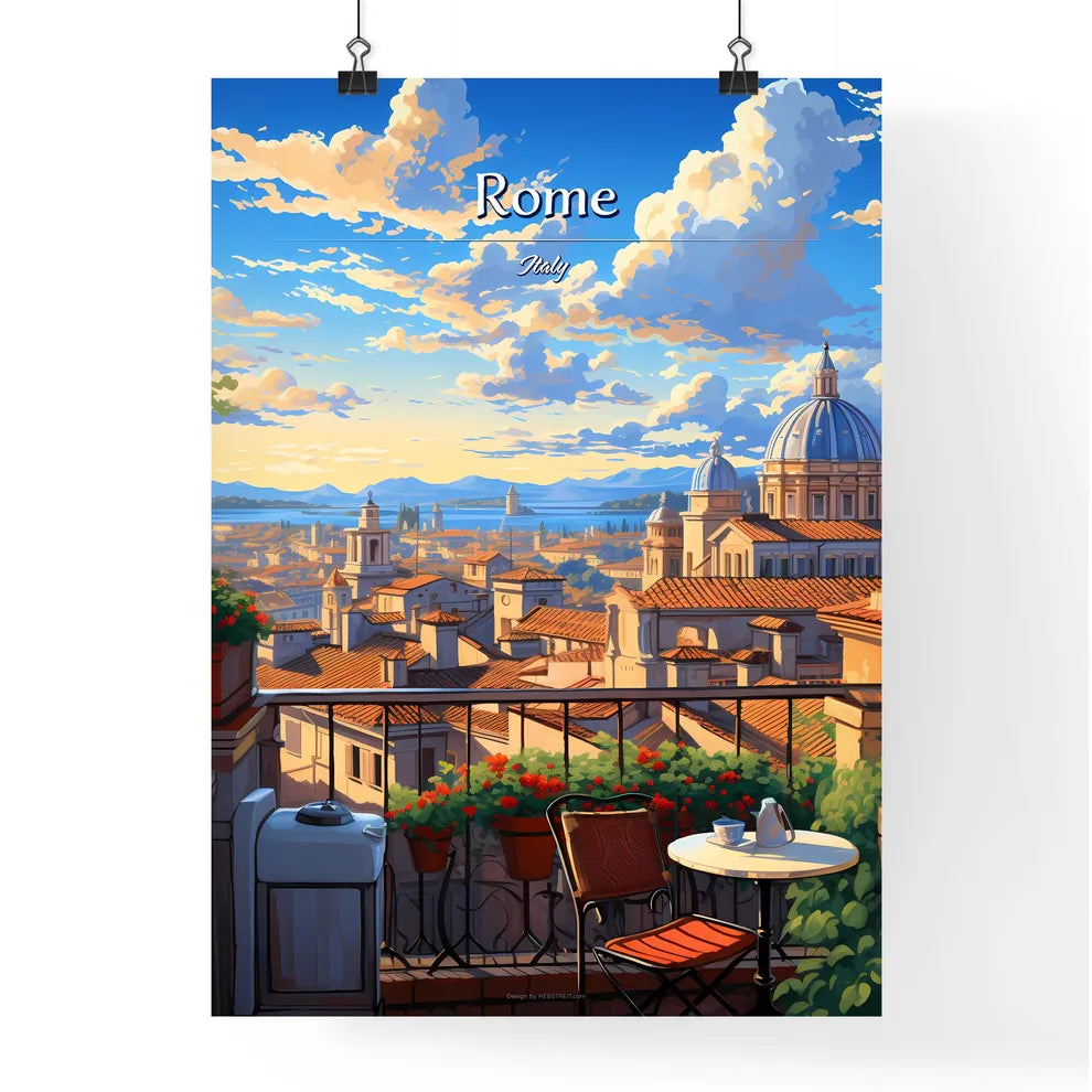 On the roofs of Rome, Italy - Art print of a balcony with a view of a city and a blue sky Poster