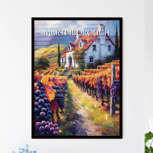 Martinborough, New Zealand - Art print of a painting of a house with grapes in a vineyard Framed Art