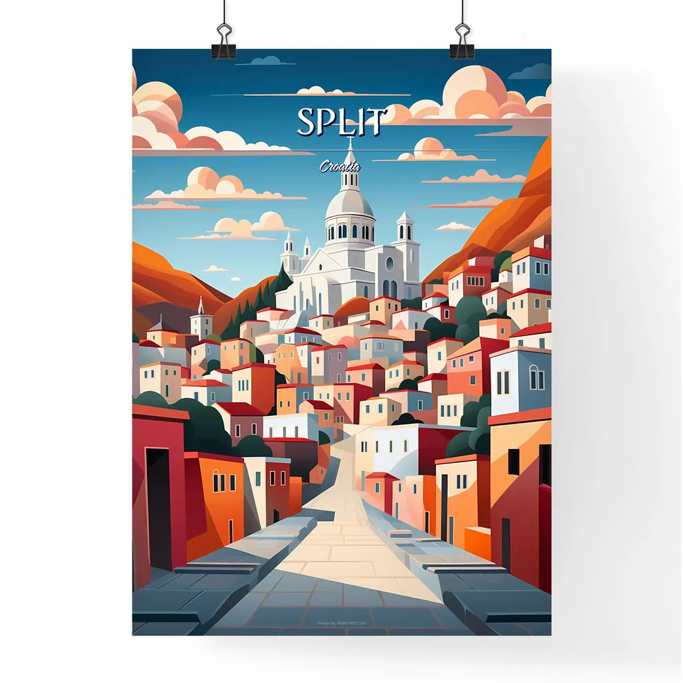 Split, Croatia - Art print of a city with a church on the hill Poster