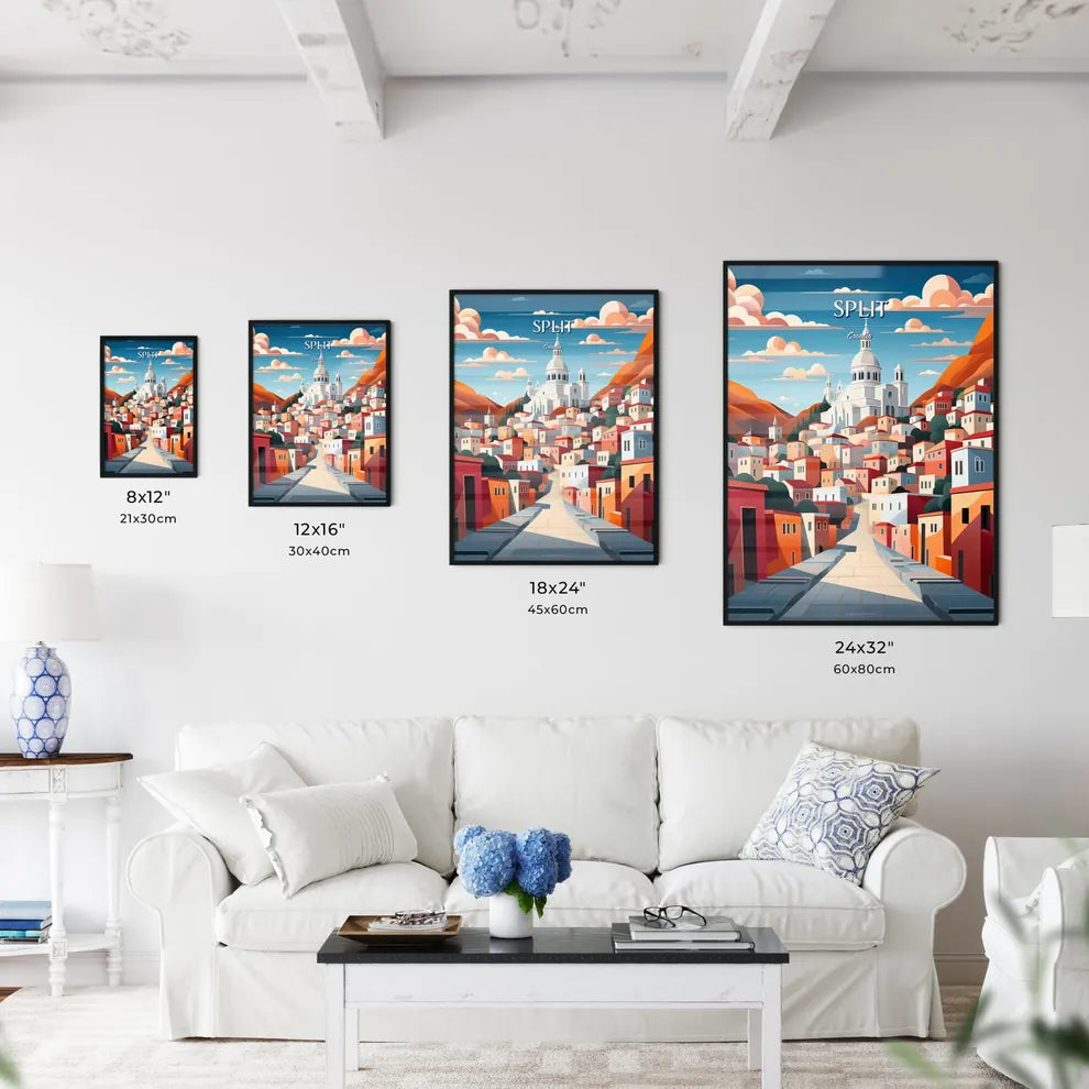 Split, Croatia - Art print of a city with a church on the hill Size Chart