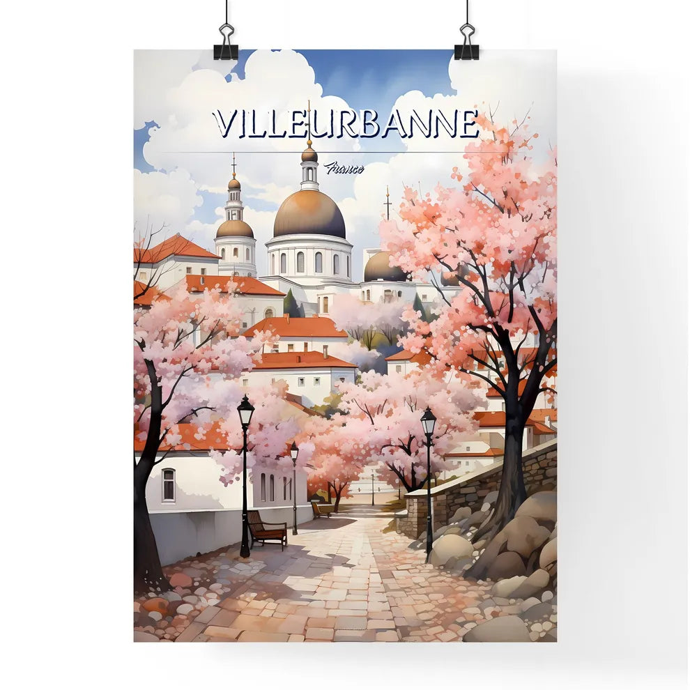 Villeurbanne, France - Art print of a street with trees and a building with domes Poster