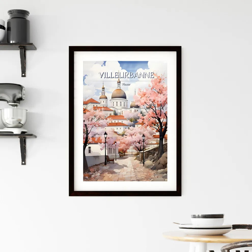 Villeurbanne, France - Art print of a street with trees and a building with domes Custom Print