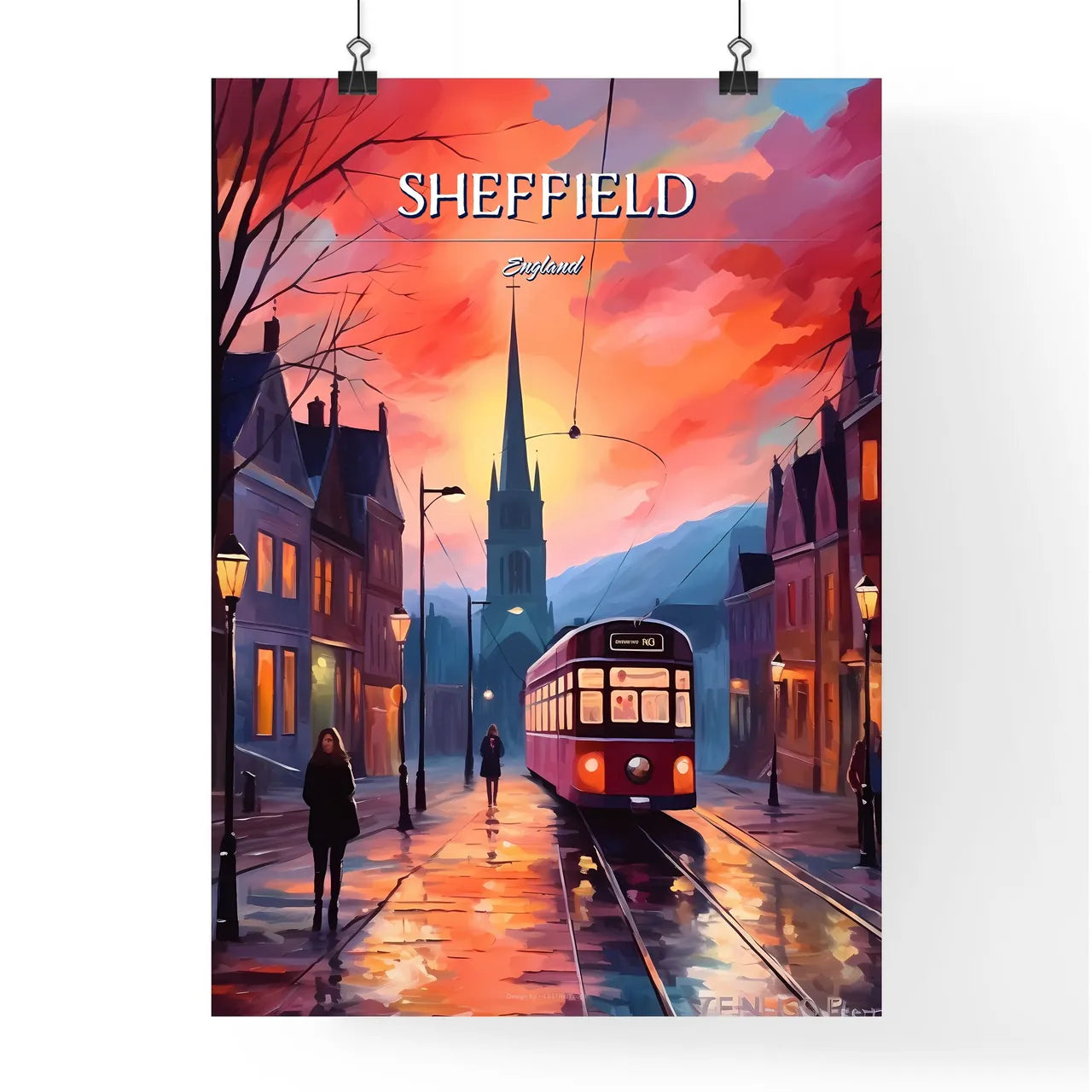 Sheffield, England - Art print of a painting of a street with a train and people walking on it Poster
