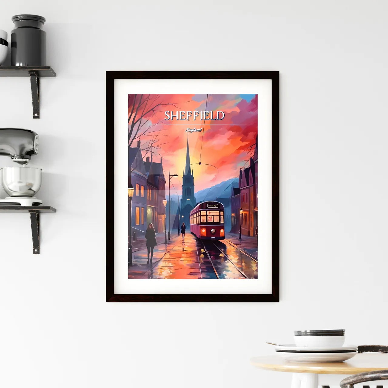 Sheffield, England - Art print of a painting of a street with a train and people walking on it Custom Print