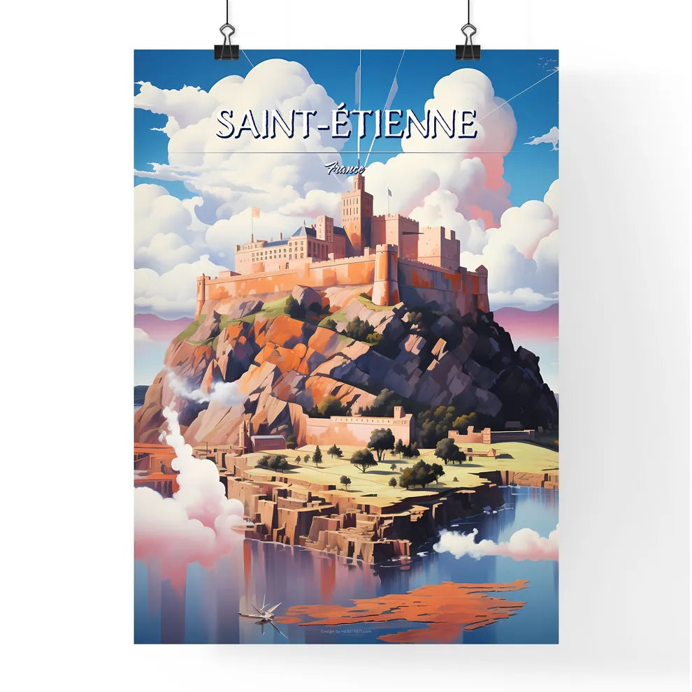 Saint-Étienne, France - Art print of a castle on a hill with clouds and water Poster