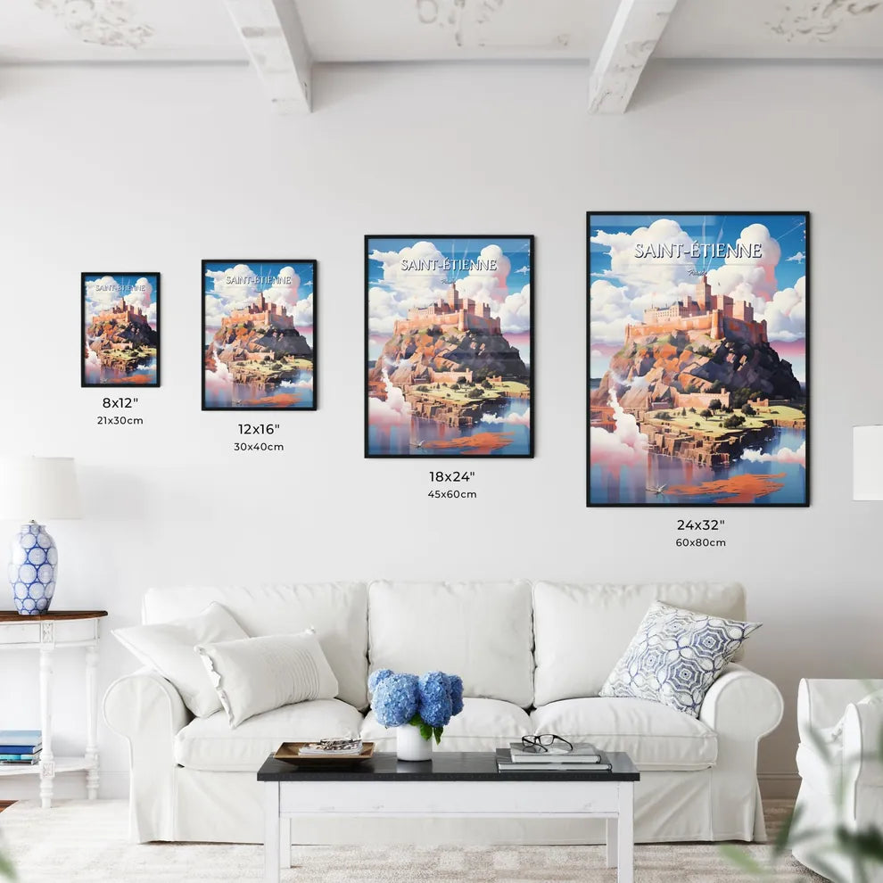 Saint-Étienne, France - Art print of a castle on a hill with clouds and water Size Chart