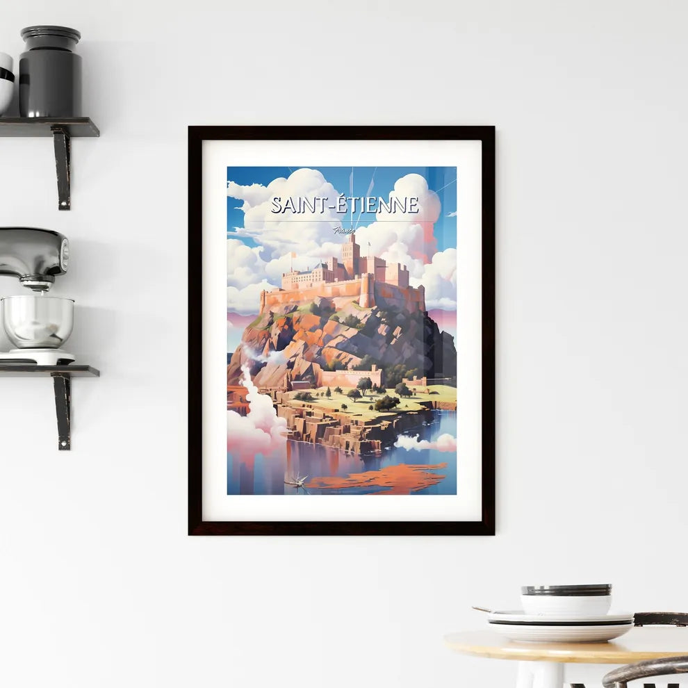 Saint-Étienne, France - Art print of a castle on a hill with clouds and water Custom Print