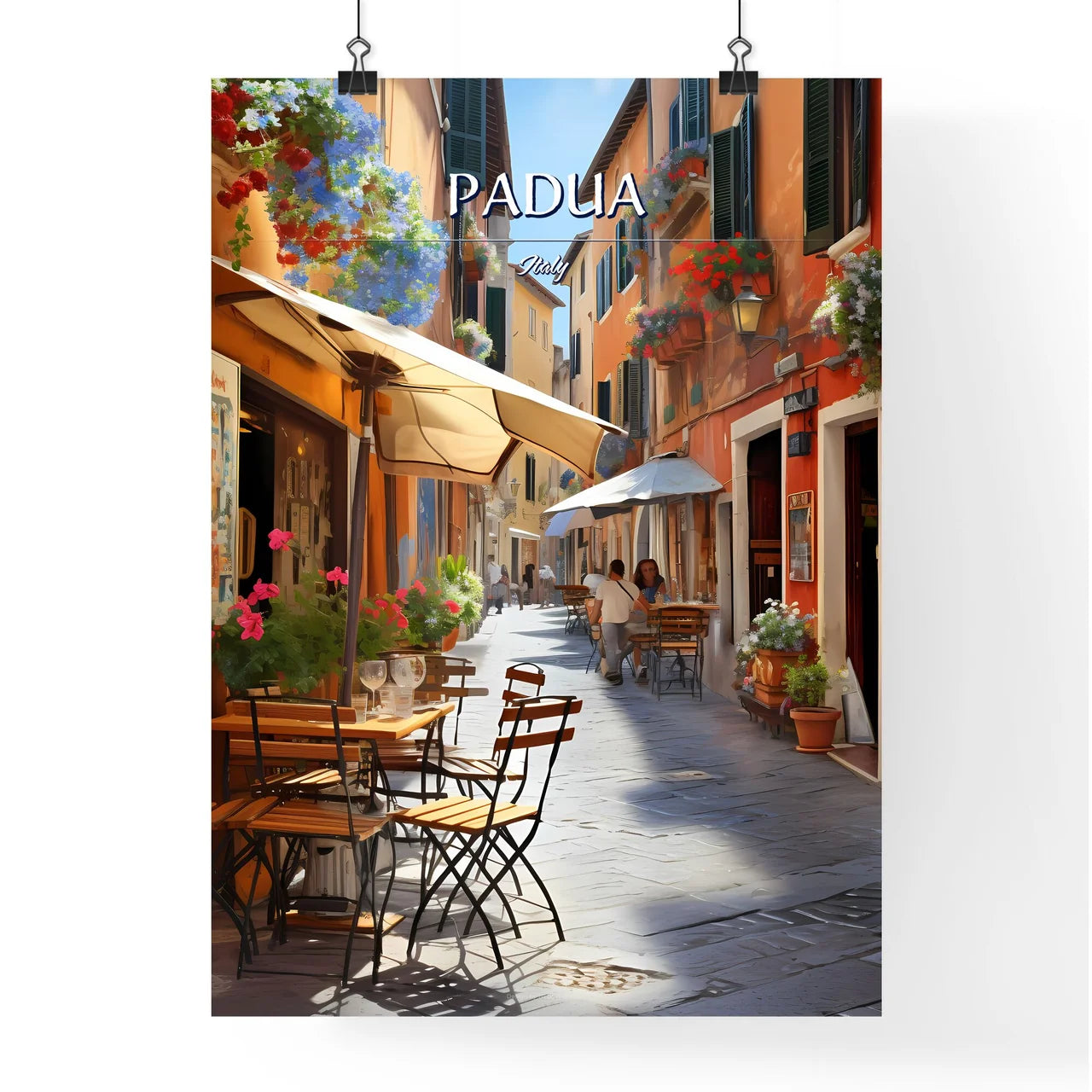 Padua, Italy - Art print of a street with tables and chairs and umbrellas Poster