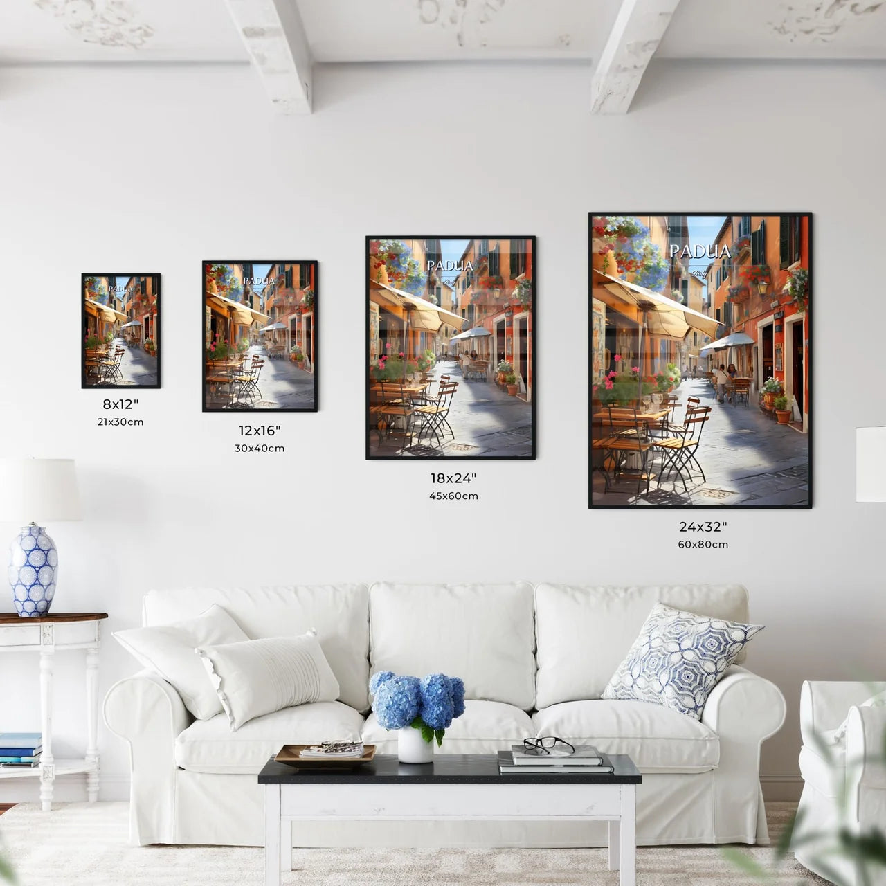 Padua, Italy - Art print of a street with tables and chairs and umbrellas Size Chart