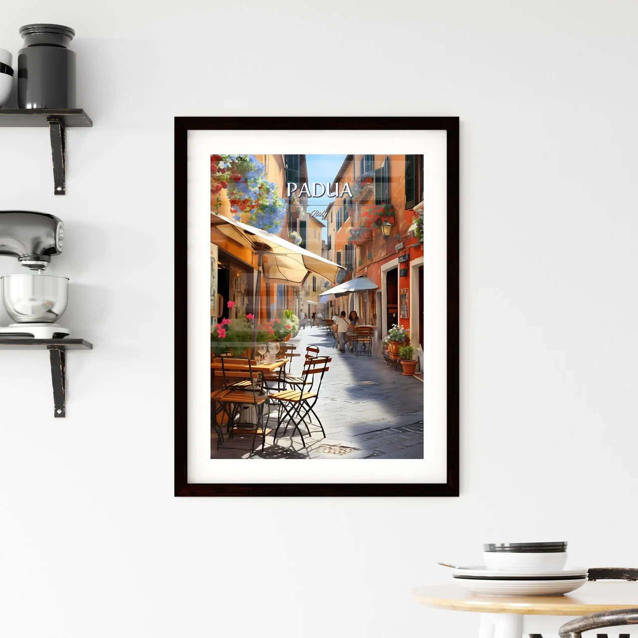 Padua, Italy - Art print of a street with tables and chairs and umbrellas Custom Print