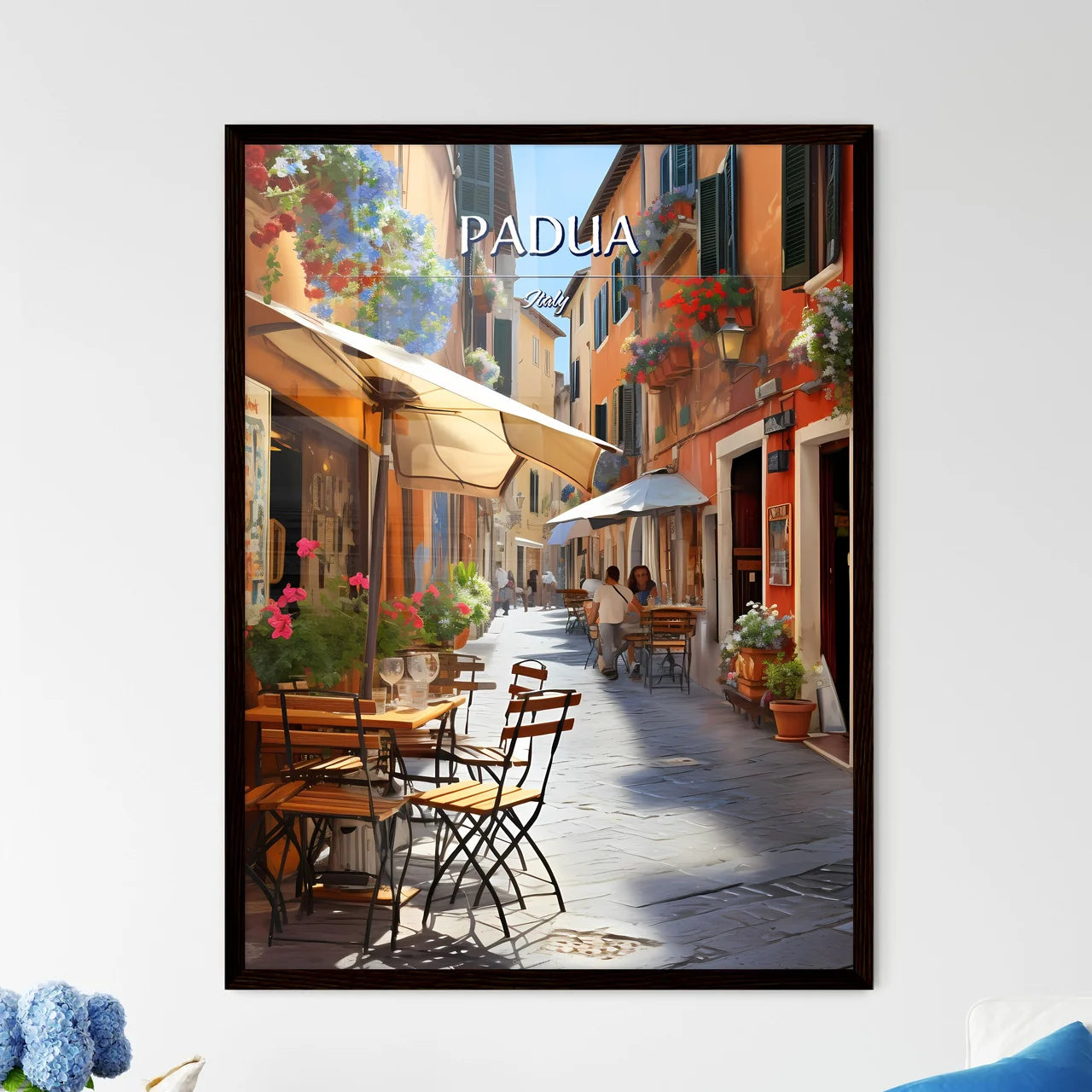 Padua, Italy - Art print of a street with tables and chairs and umbrellas Framed Art