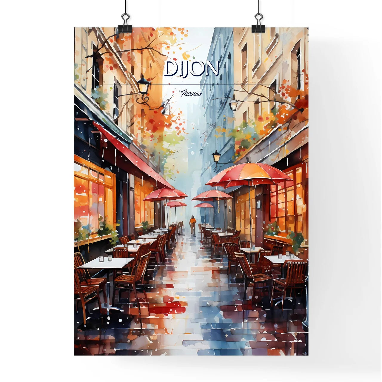 Dijon, France - Art print of a watercolor of a street with tables and chairs and umbrellas Poster