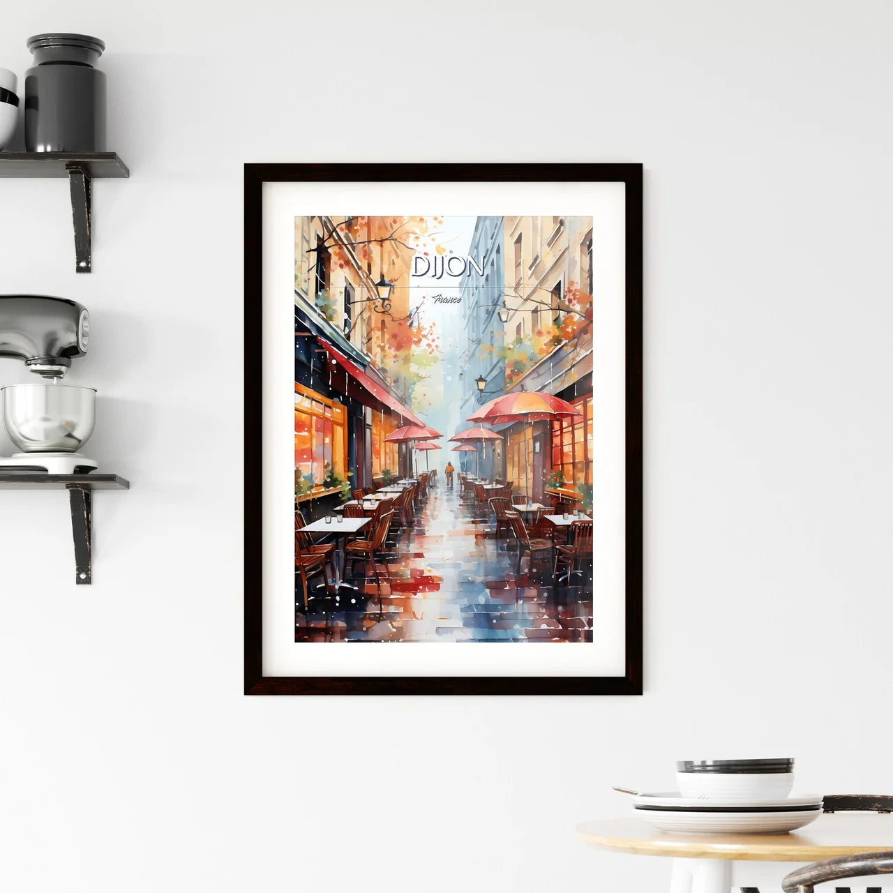 Dijon, France - Art print of a watercolor of a street with tables and chairs and umbrellas Custom Print