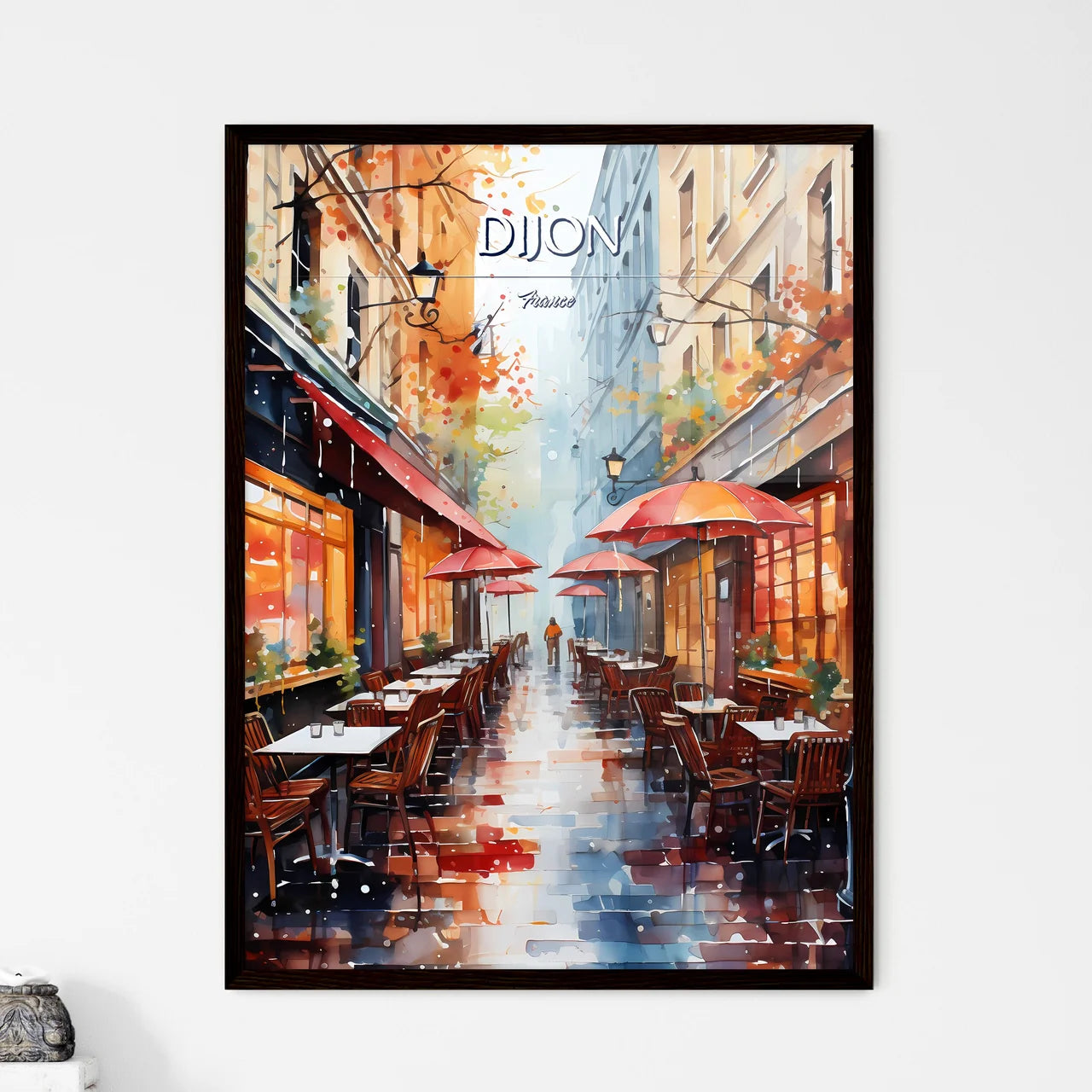 Dijon, France - Art print of a watercolor of a street with tables and chairs and umbrellas Framed Art