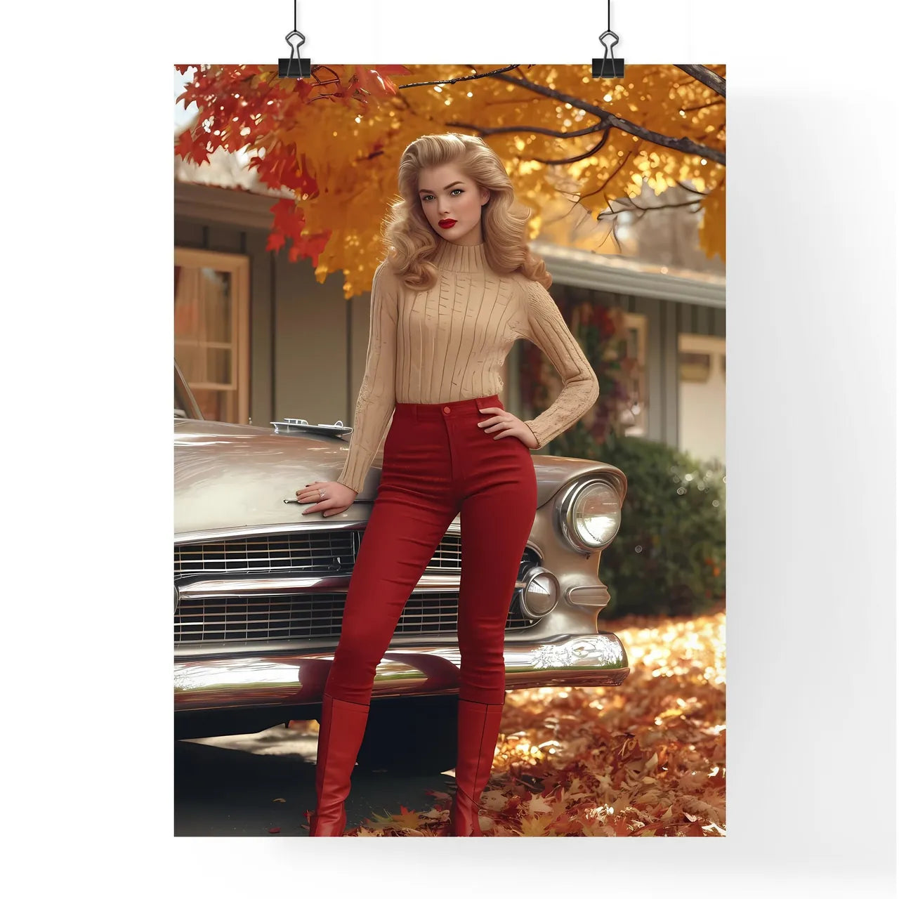 The vintage pin up girl leaning on a car - A Poster