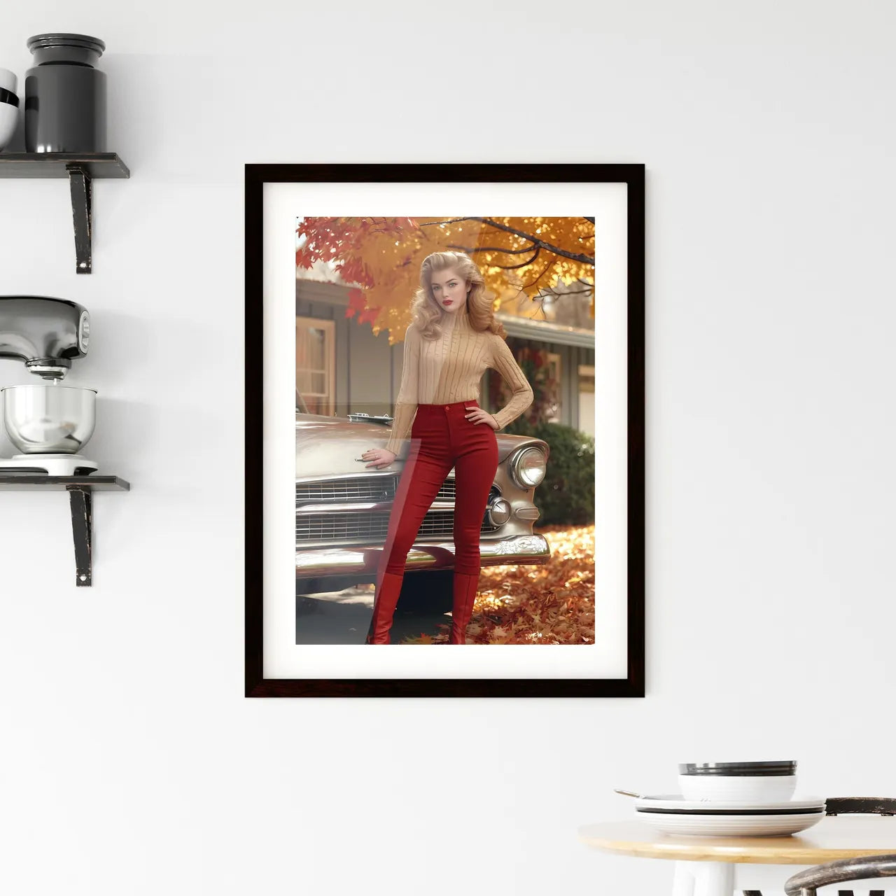 The vintage pin up girl leaning on a car - A Framed Print