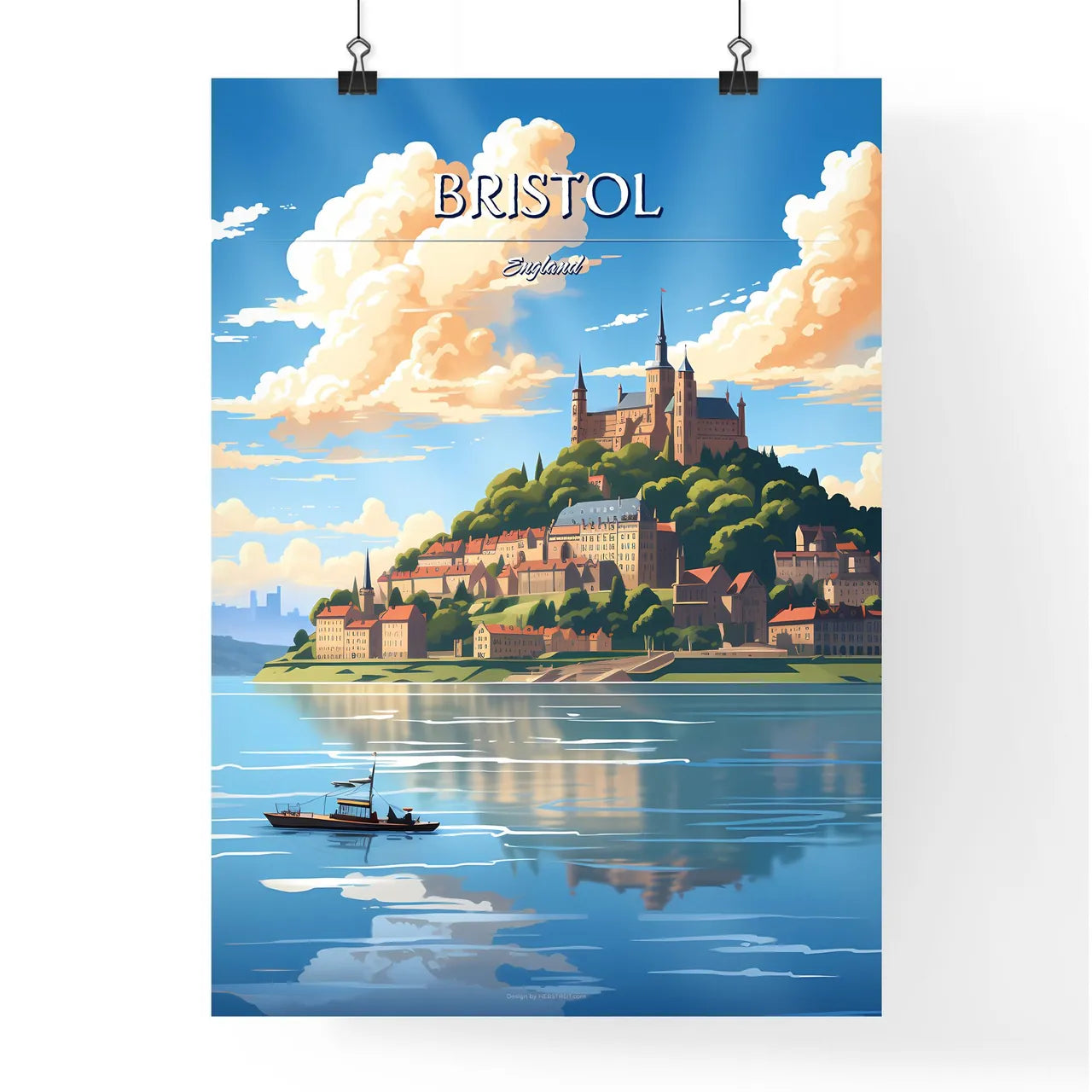 Bristol, England - Art print of a castle on a hill with a boat in the water Poster