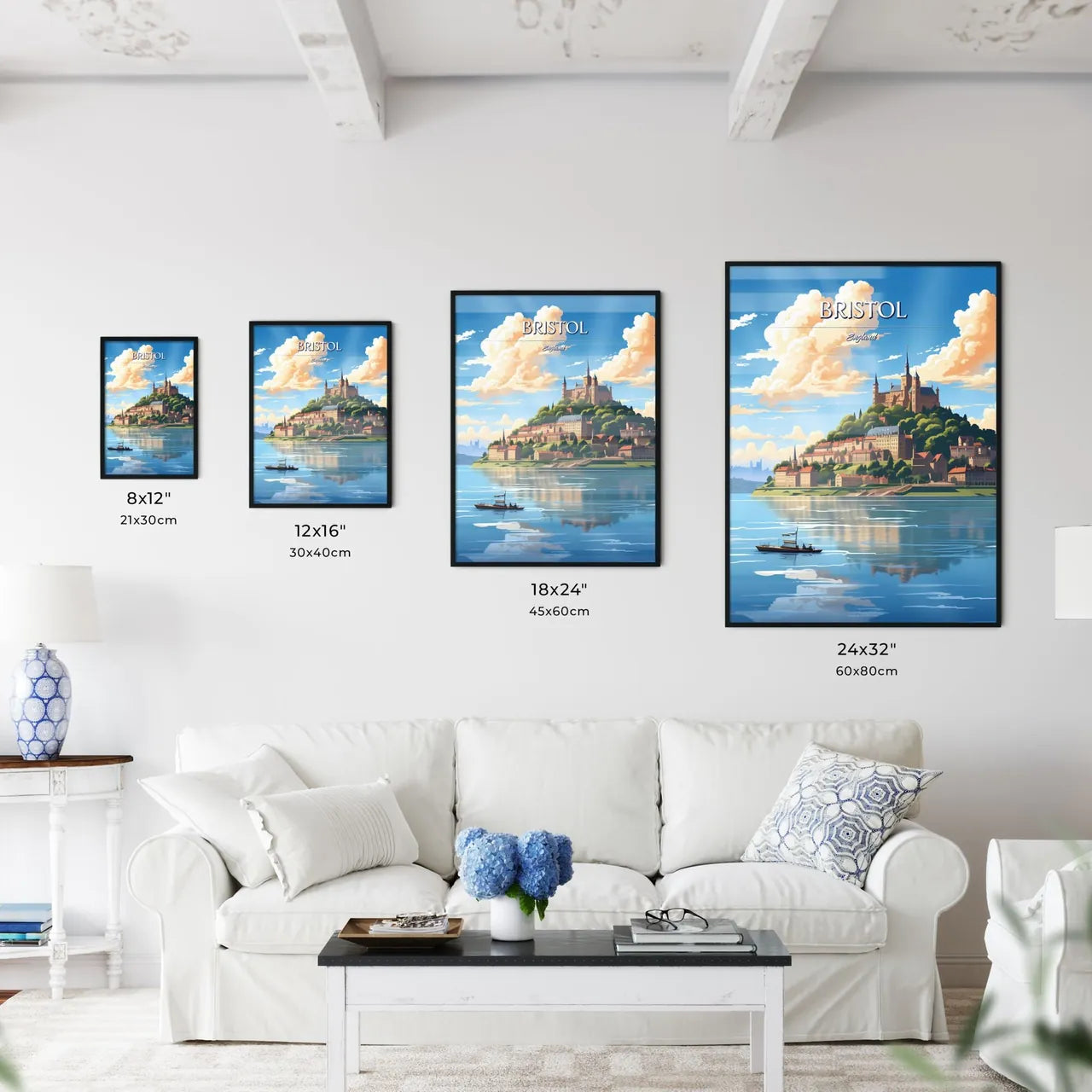 Bristol, England - Art print of a castle on a hill with a boat in the water Size Chart