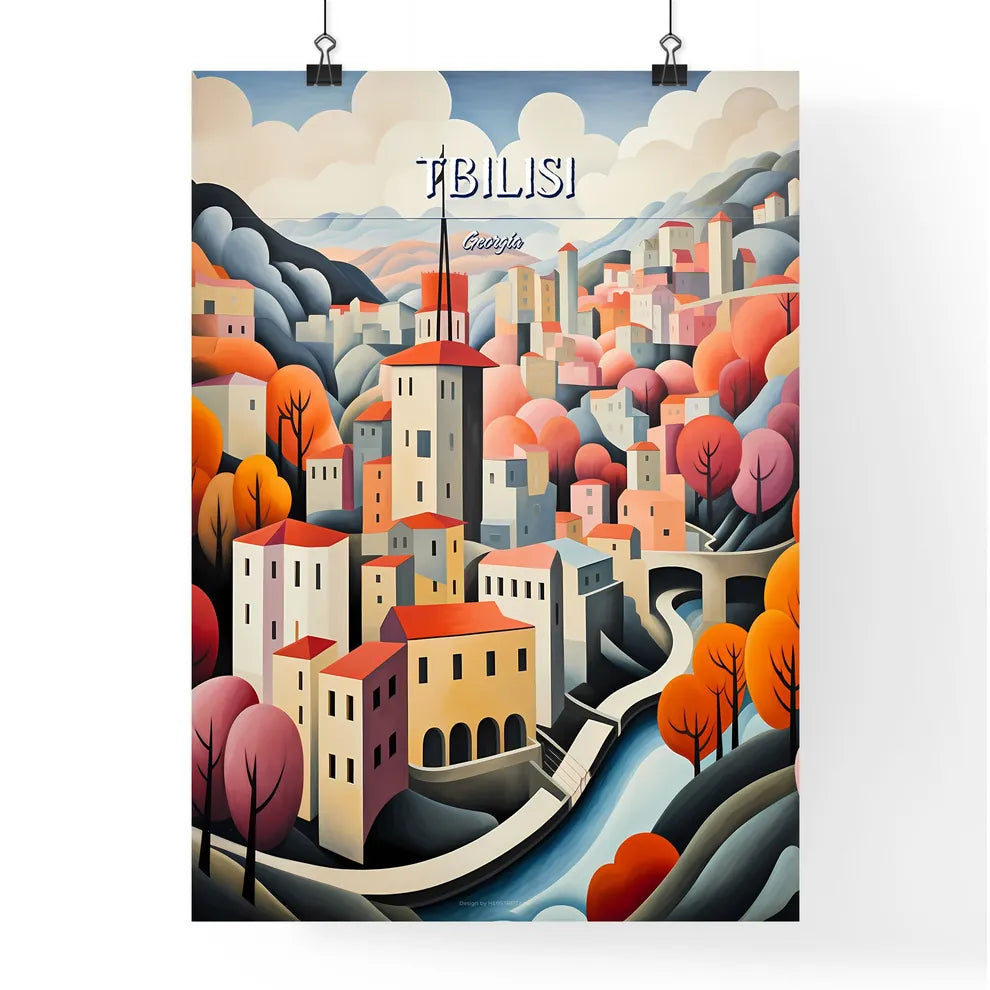 Tbilisi, Georgia - Art print of a painting of a town with a river and trees Poster