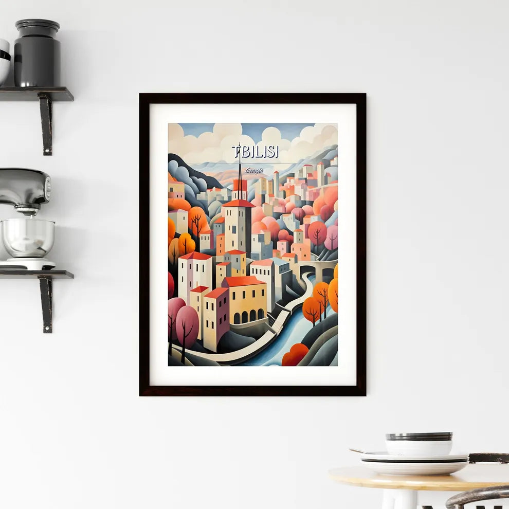 Tbilisi, Georgia - Art print of a painting of a town with a river and trees Custom Print