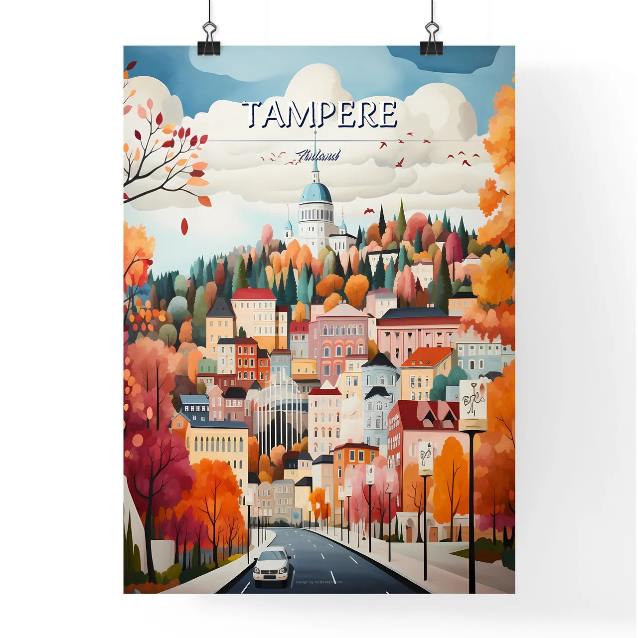 Tampere, Finland - Art print of a painting of a city with trees and a road Poster