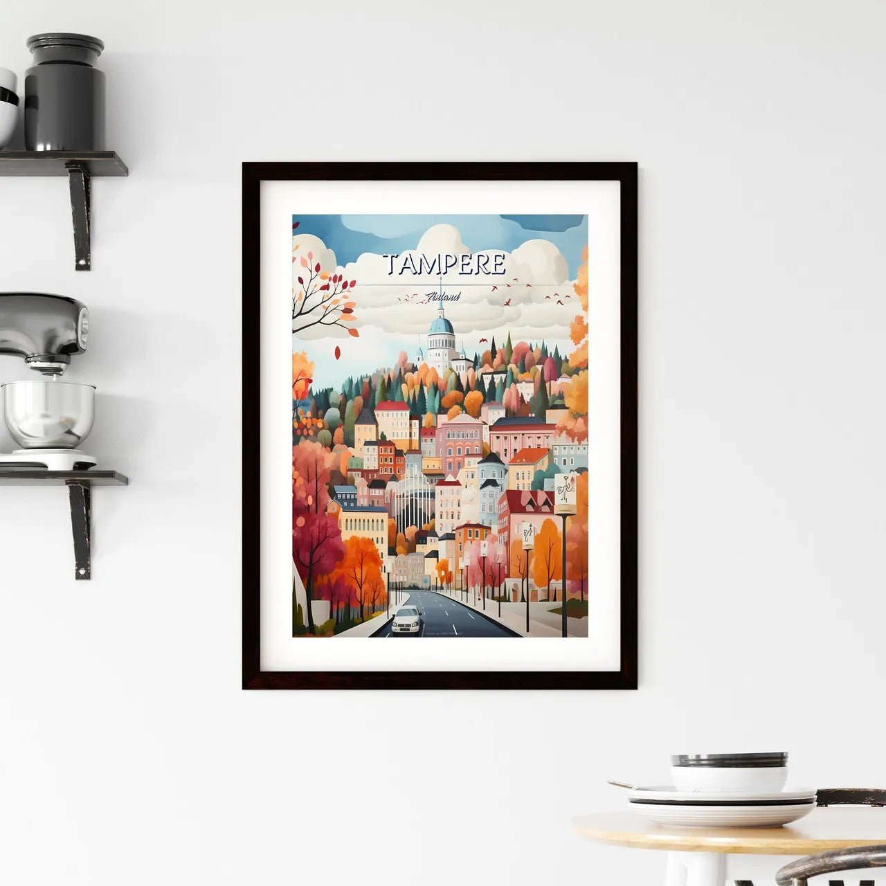 Tampere, Finland - Art print of a painting of a city with trees and a road Custom Print