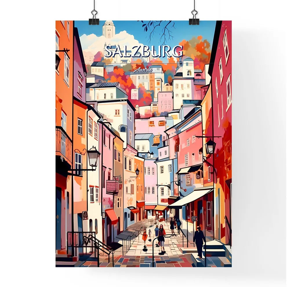 Salzburg, Austria - Art print of a colorful city street with people walking Poster
