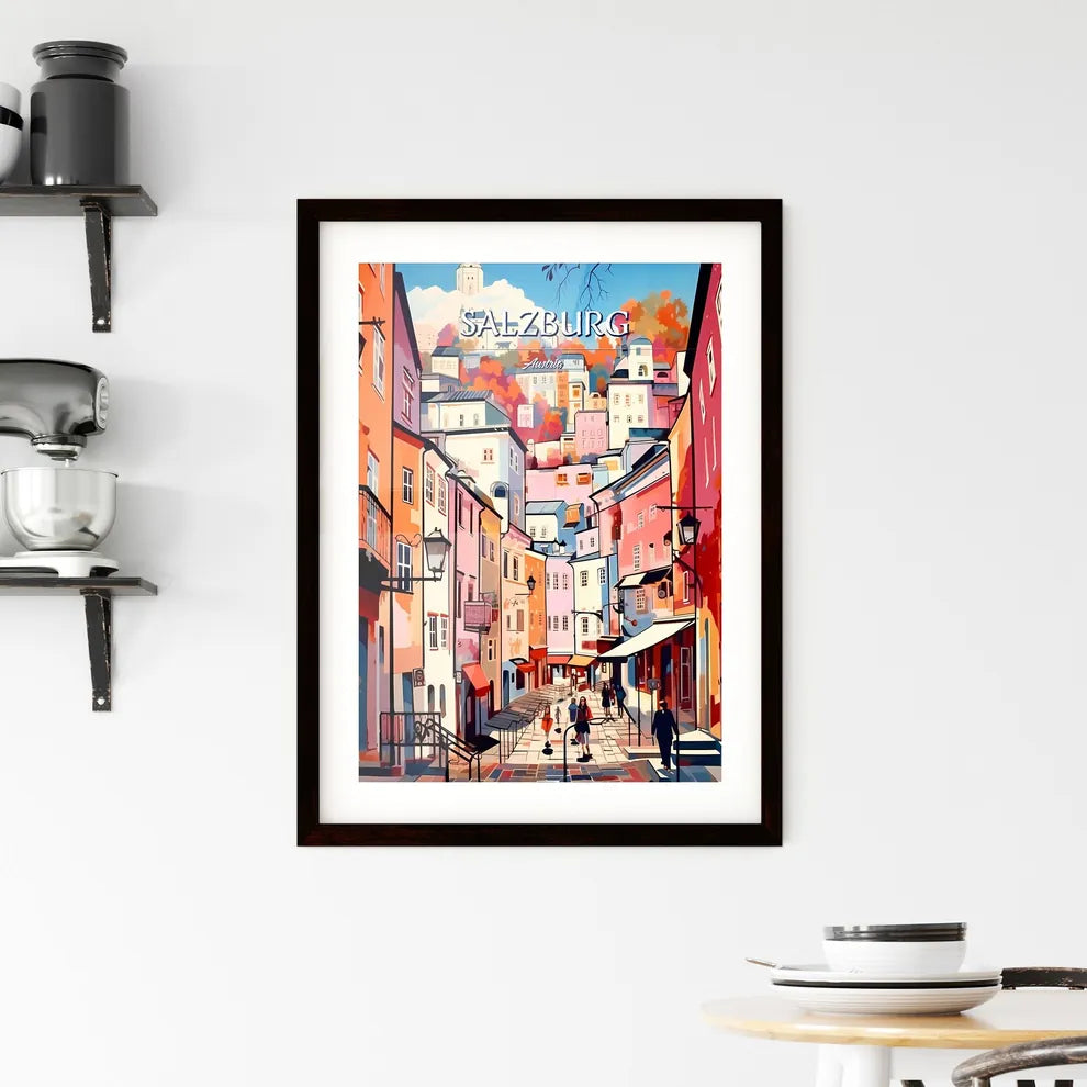 Salzburg, Austria - Art print of a colorful city street with people walking Custom Print