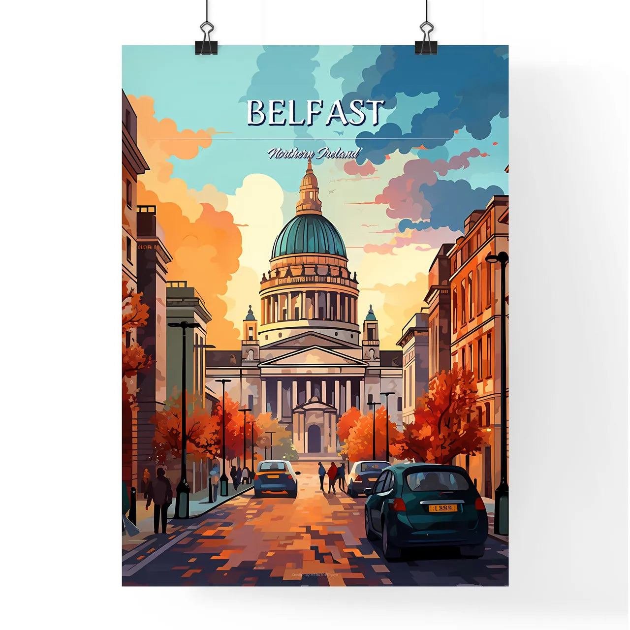 Belfast, Northern Ireland - Art print of a street with cars and a dome on it Poster