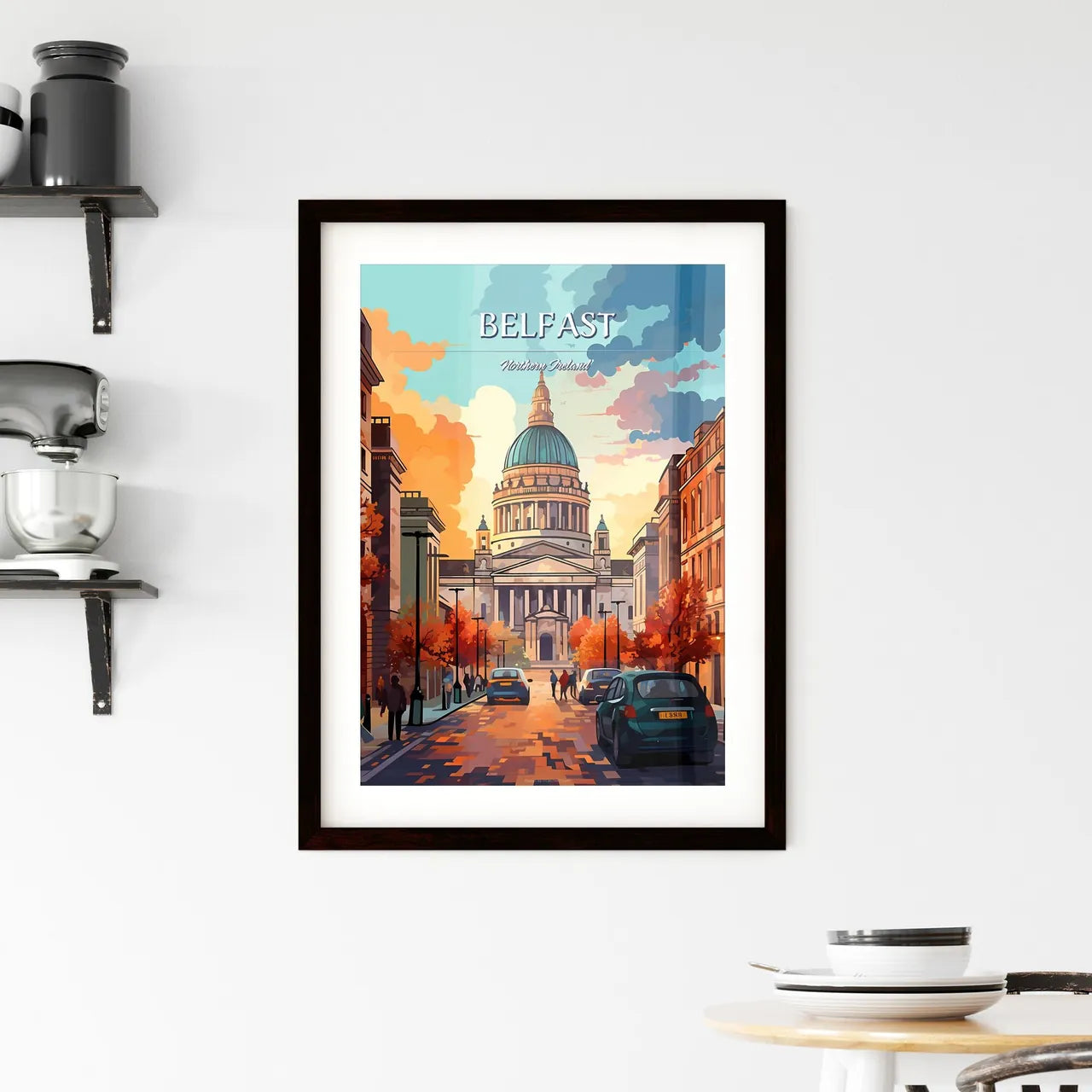 Belfast, Northern Ireland - Art print of a street with cars and a dome on it Custom Print