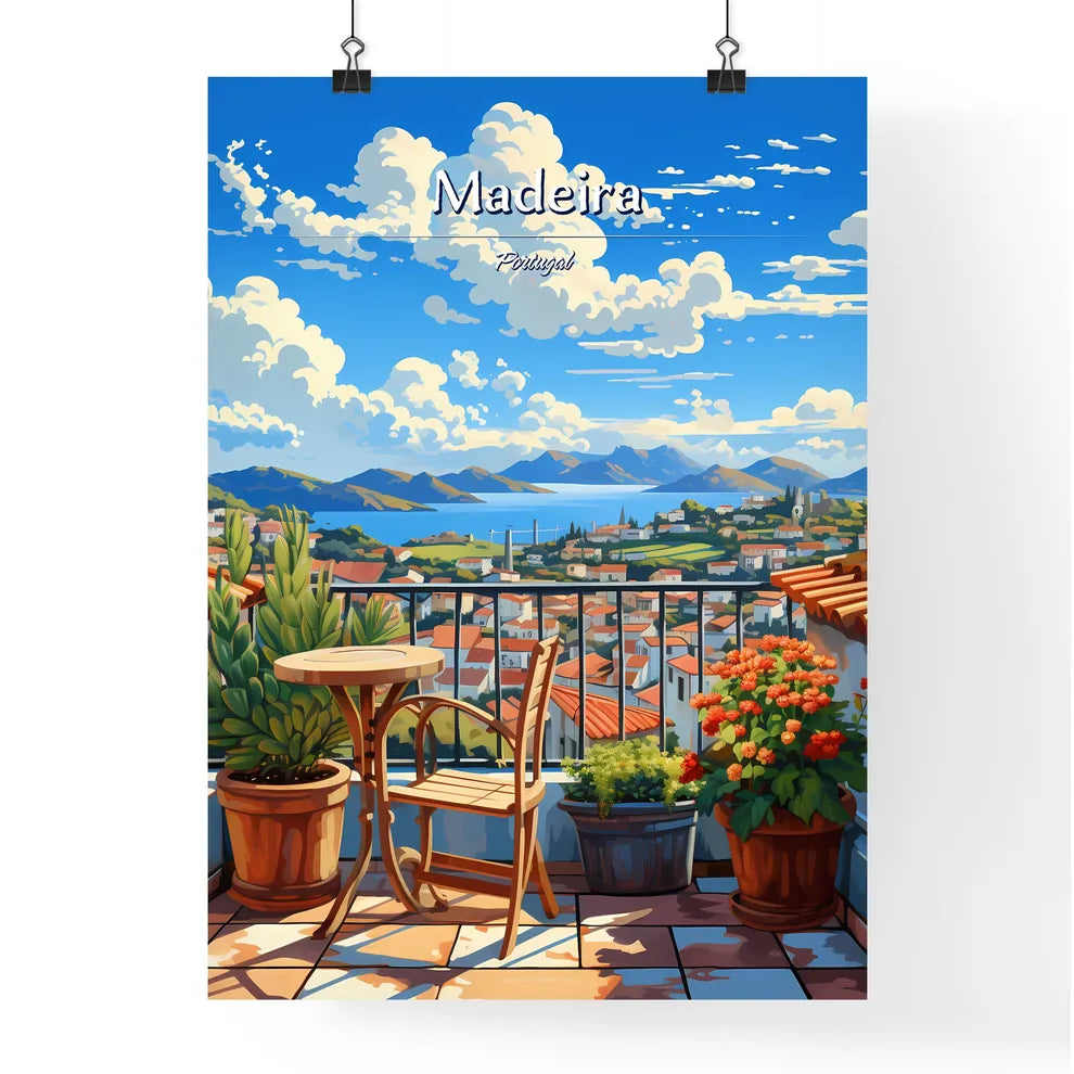 On the roofs of Madeira, Portugal - Art print of a balcony with a view of a town and mountains Poster