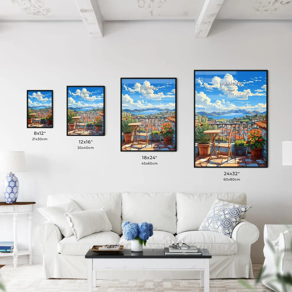 On the roofs of Madeira, Portugal - Art print of a balcony with a view of a town and mountains Size Chart