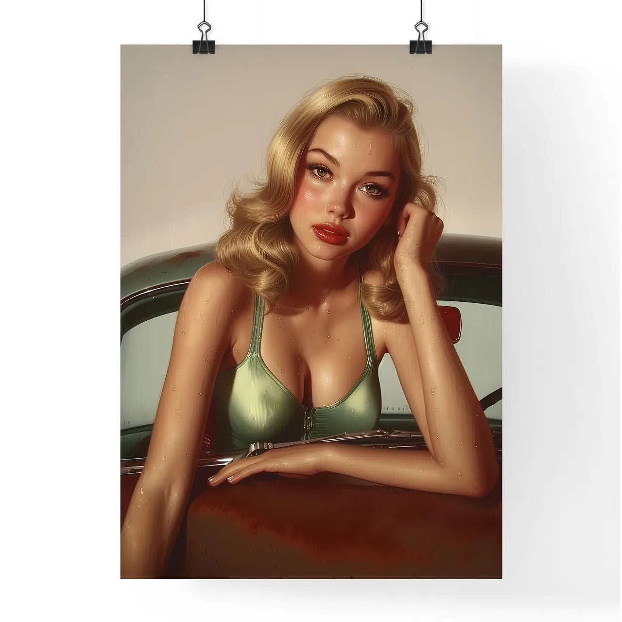 The vintage pin up girl leaning on a car - A Poster