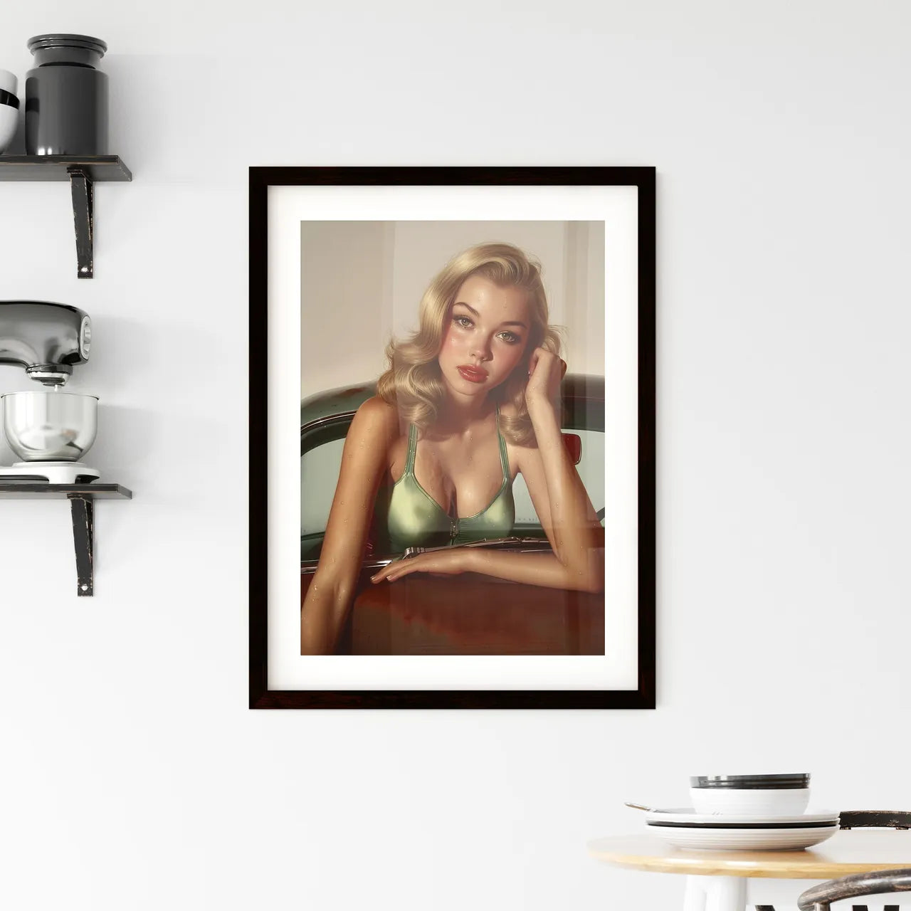 The vintage pin up girl leaning on a car - A Framed Print