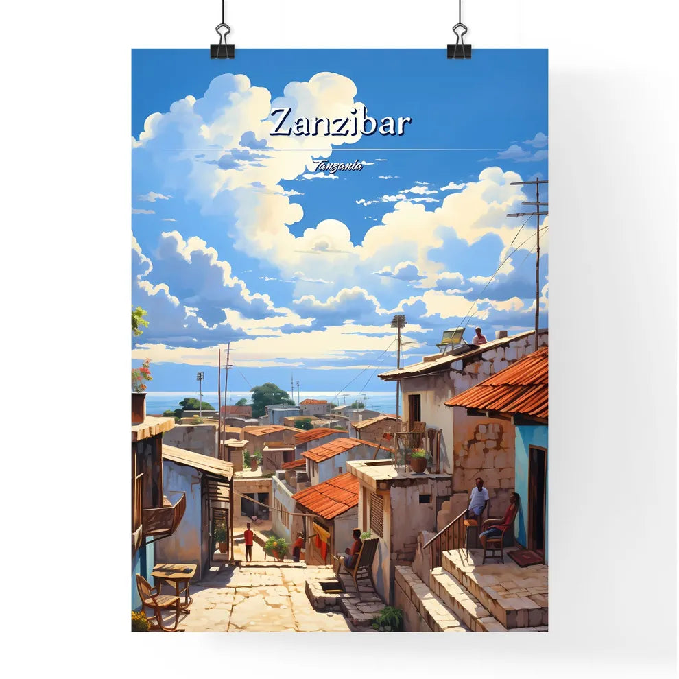 On the roofs of Zanzibar, Tanzania - Art print of a street with buildings and people on the stairs Poster