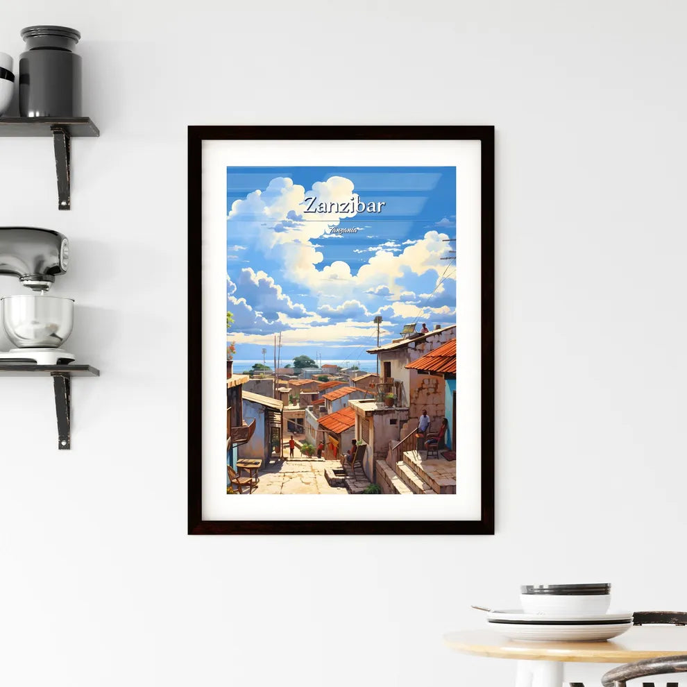 On the roofs of Zanzibar, Tanzania - Art print of a street with buildings and people on the stairs Custom Print