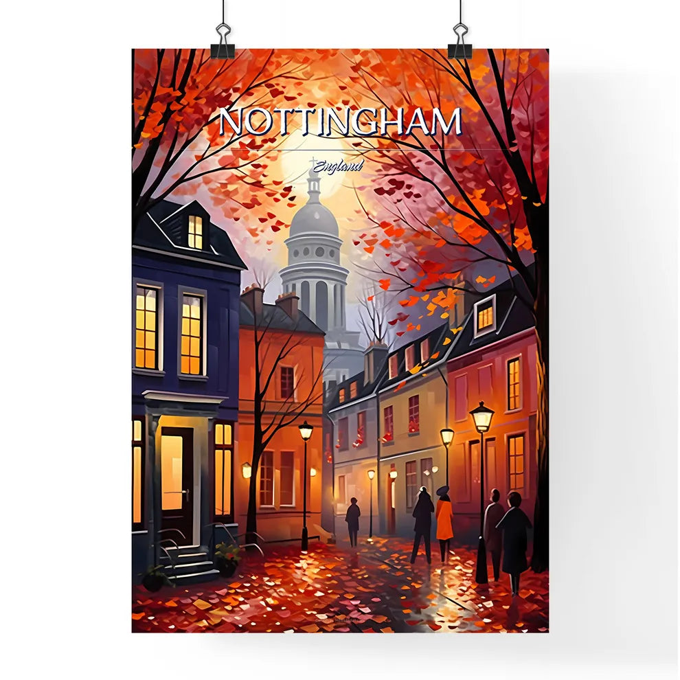 Nottingham, England - Art print of a painting of a street with trees and people walking Poster