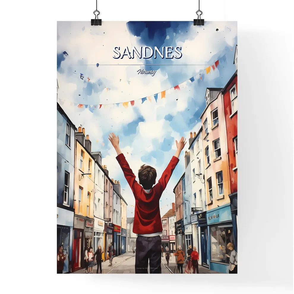 Sandnes, Norway - Art print of a boy standing in a street with his arms up Poster