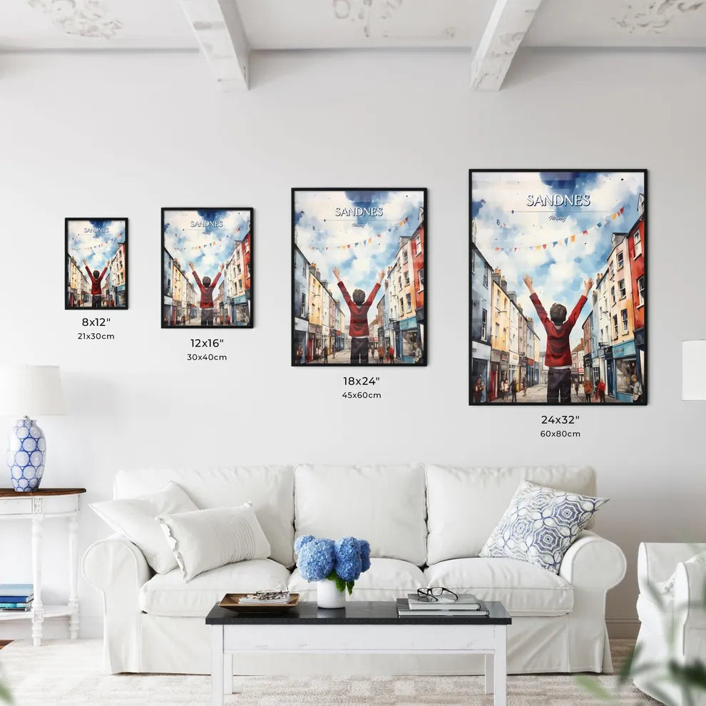 Sandnes, Norway - Art print of a boy standing in a street with his arms up Size Chart